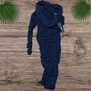 Fashion Nova Isabella Ruched Midi Dress Women's Medium Navy One Shoulder Bodycon